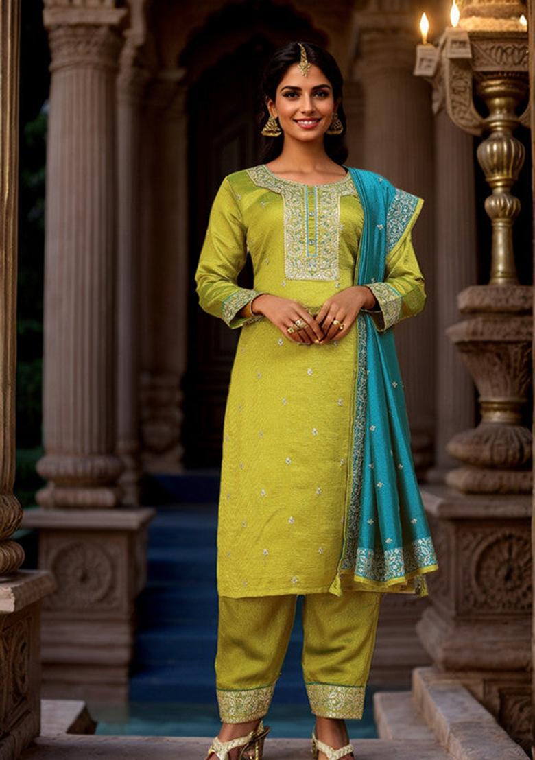 Olive Green Embroidered Vichitra Kurta Set