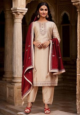 Beige Embroidered Vichitra Kurta Set