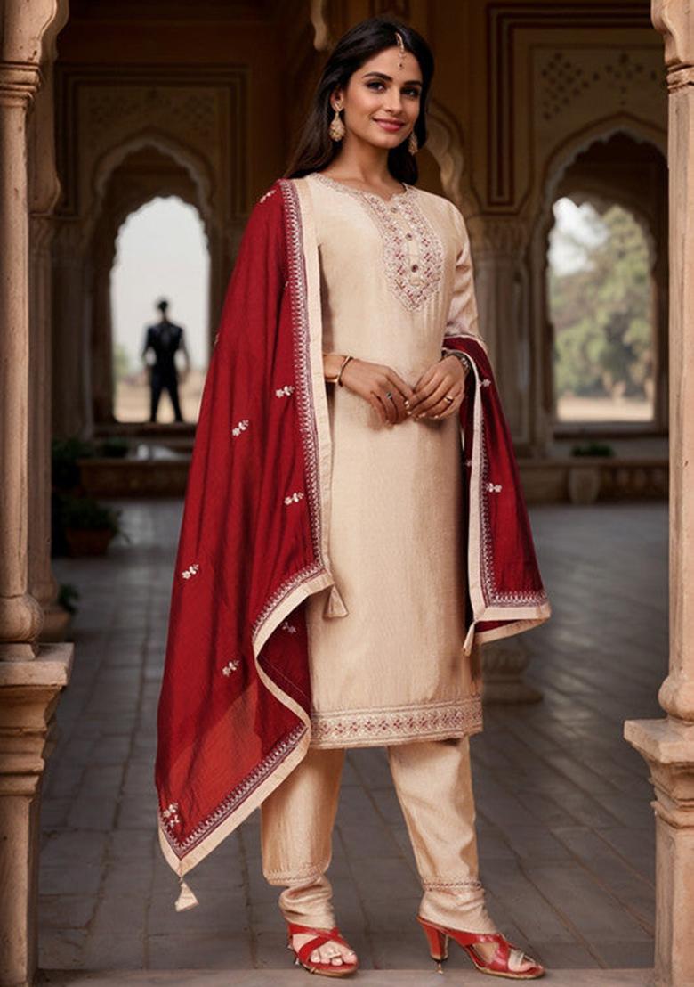 Beige Embroidered Vichitra Kurta Set