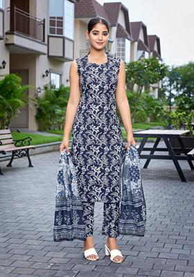 Blue Printed Viscose Kurta Set