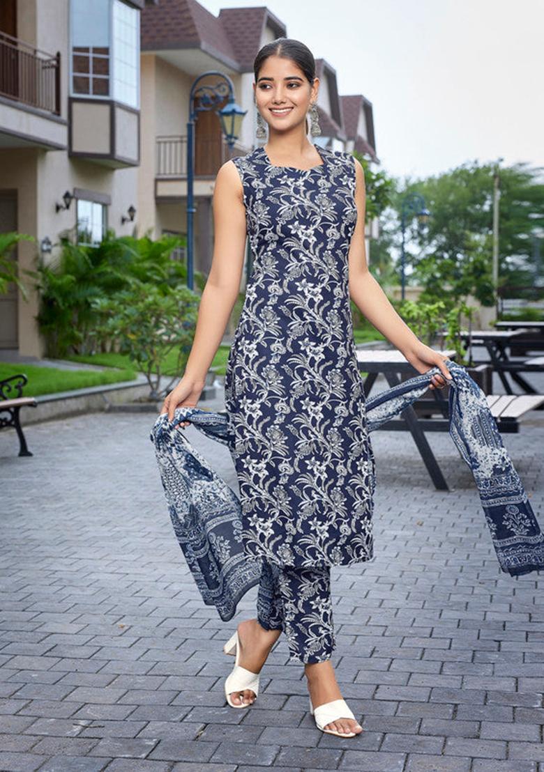 Blue Printed Viscose Kurta Set