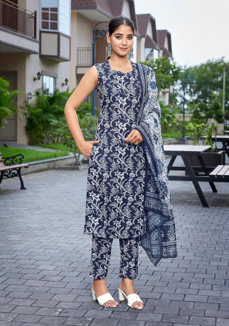 Blue Printed Viscose Kurta Set
