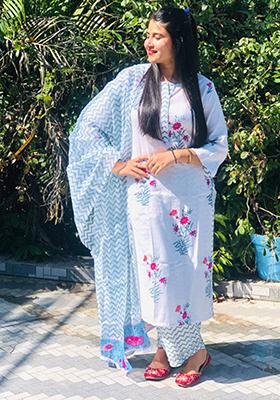 White Printed Cotton Kurta Set