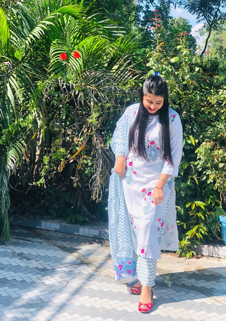 White Printed Cotton Kurta Set