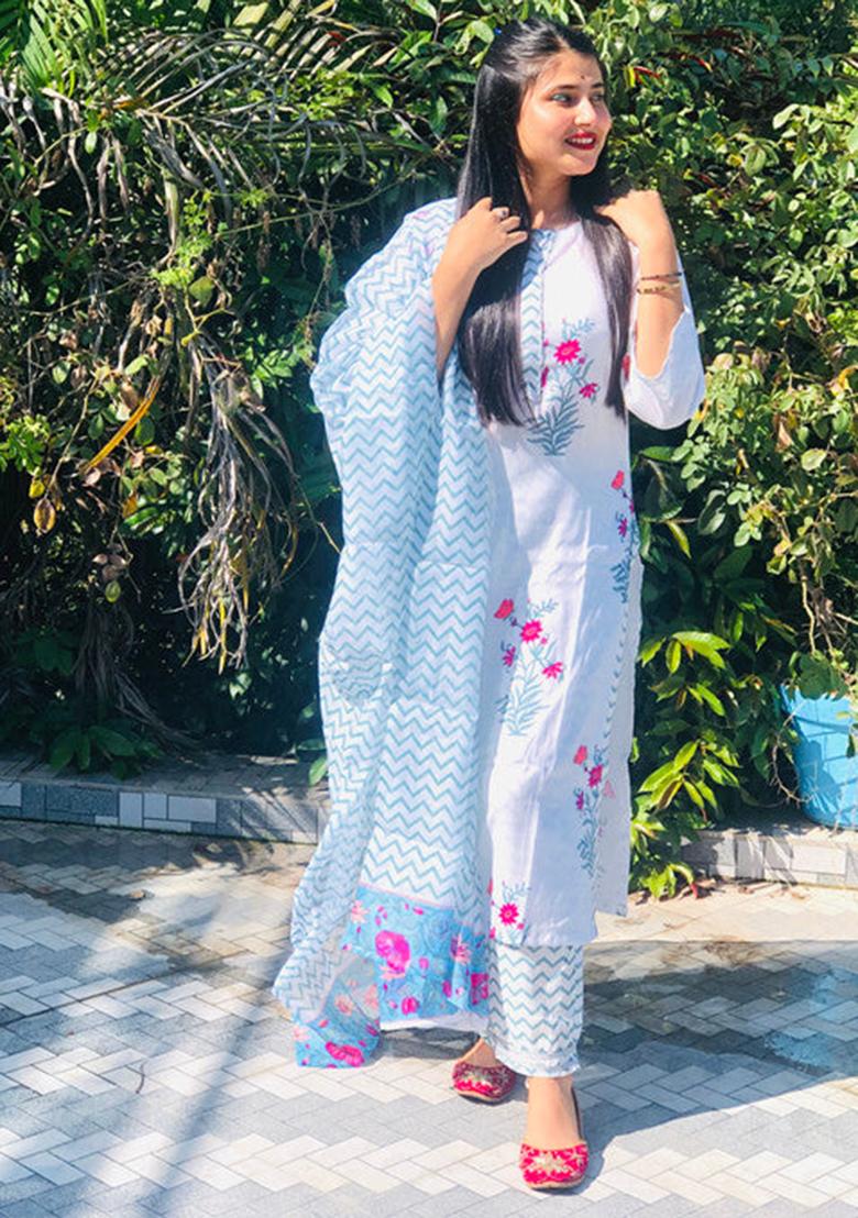White Printed Cotton Kurta Set
