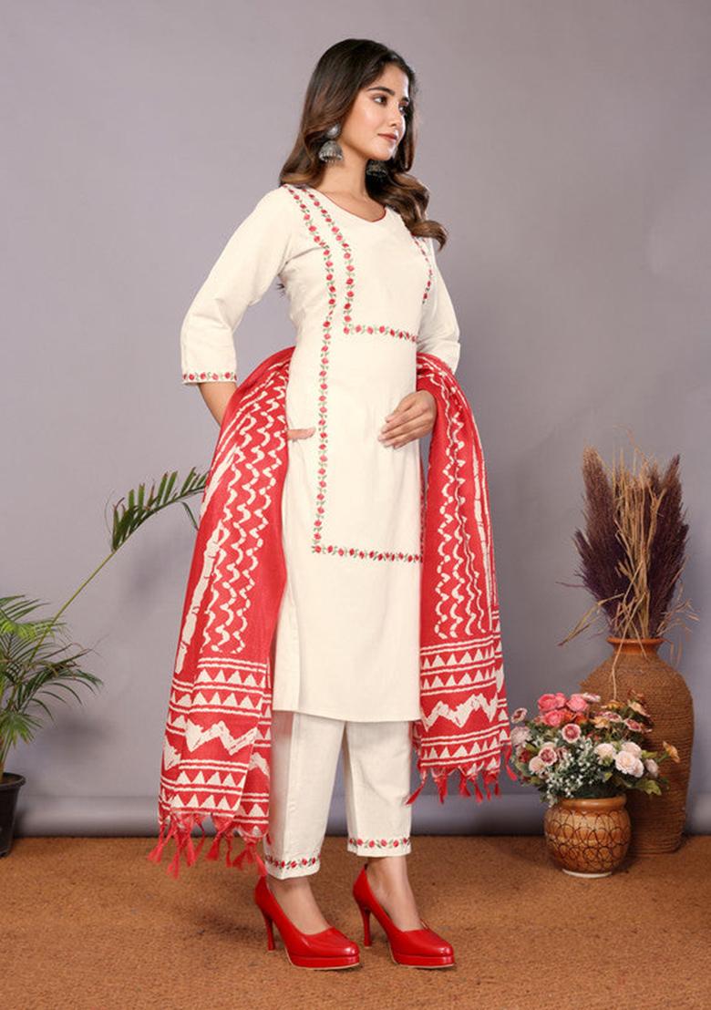 Red Embroidered Cotton Kurta Set