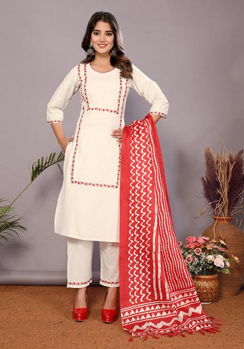Red Embroidered Cotton Kurta Set