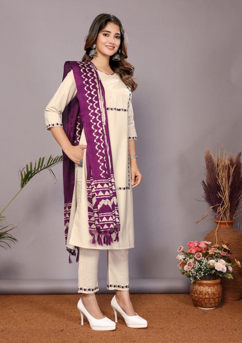 Purple Embroidered Cotton Kurta Set