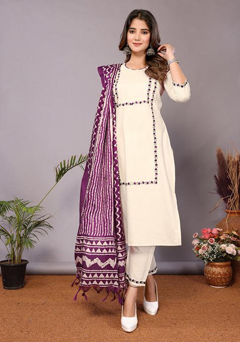Purple Embroidered Cotton Kurta Set