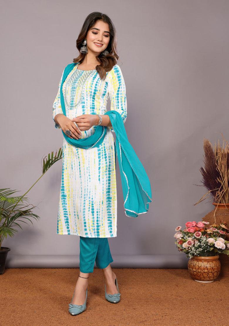 Sky Blue Embroidered Viscose Kurta Set