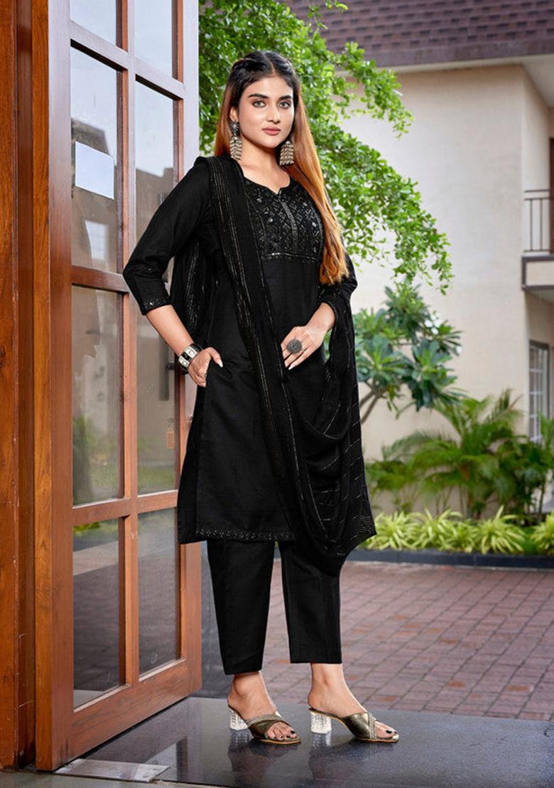 Black Embroidered Cotton Kurta Set