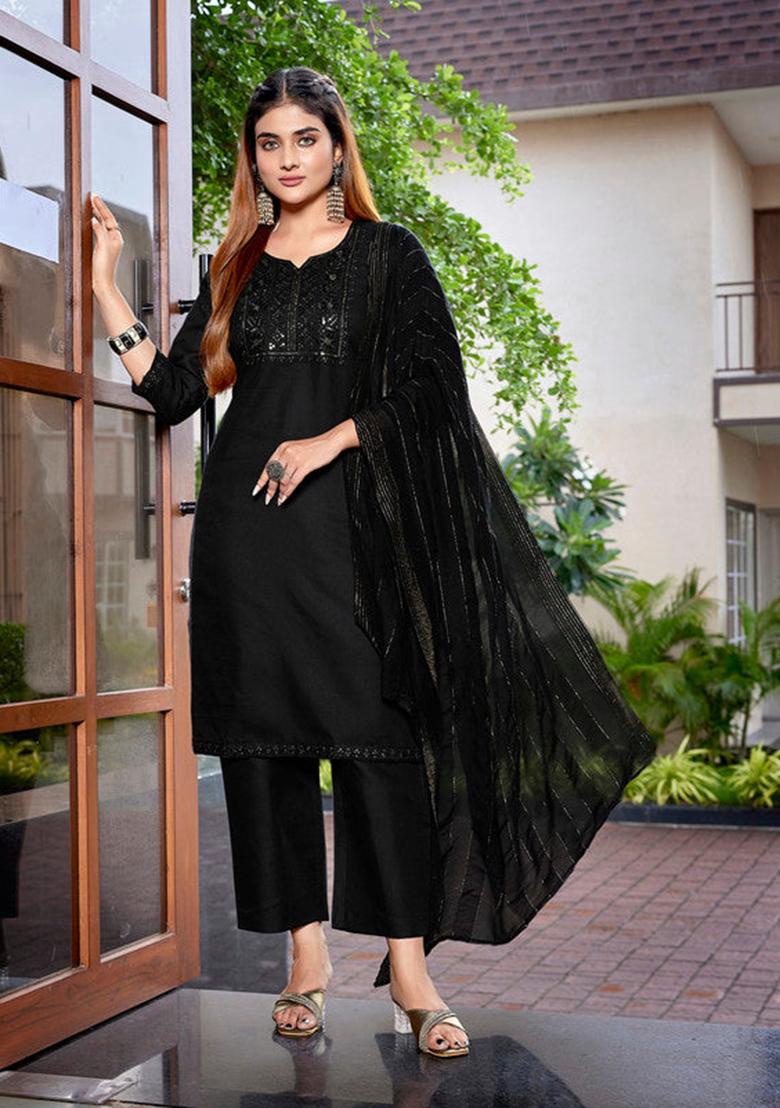 Black Embroidered Cotton Kurta Set