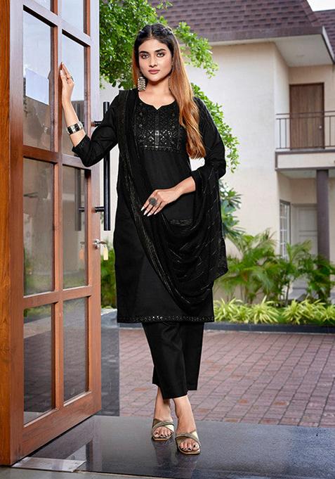Black Embroidered Cotton Kurta Set