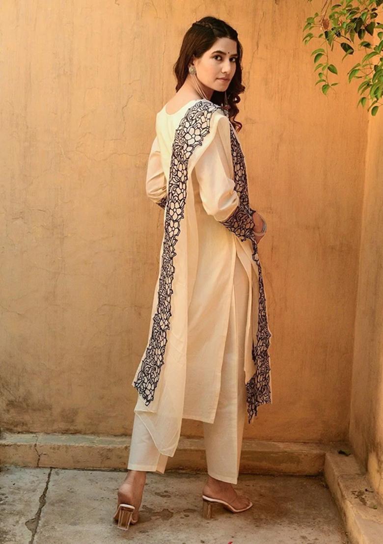 White Embroidered Viscose Kurta Set