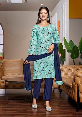 Sky Blue Printed Crepe Kurta Set