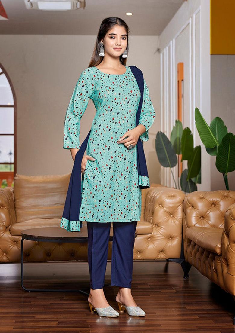 Sky Blue Printed Crepe Kurta Set