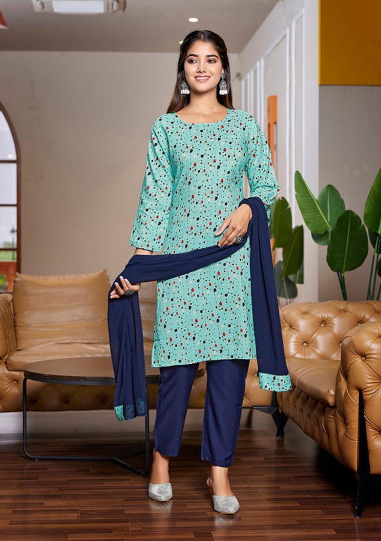 Sky Blue Printed Crepe Kurta Set