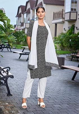 Black Printed Crepe Kurta Set