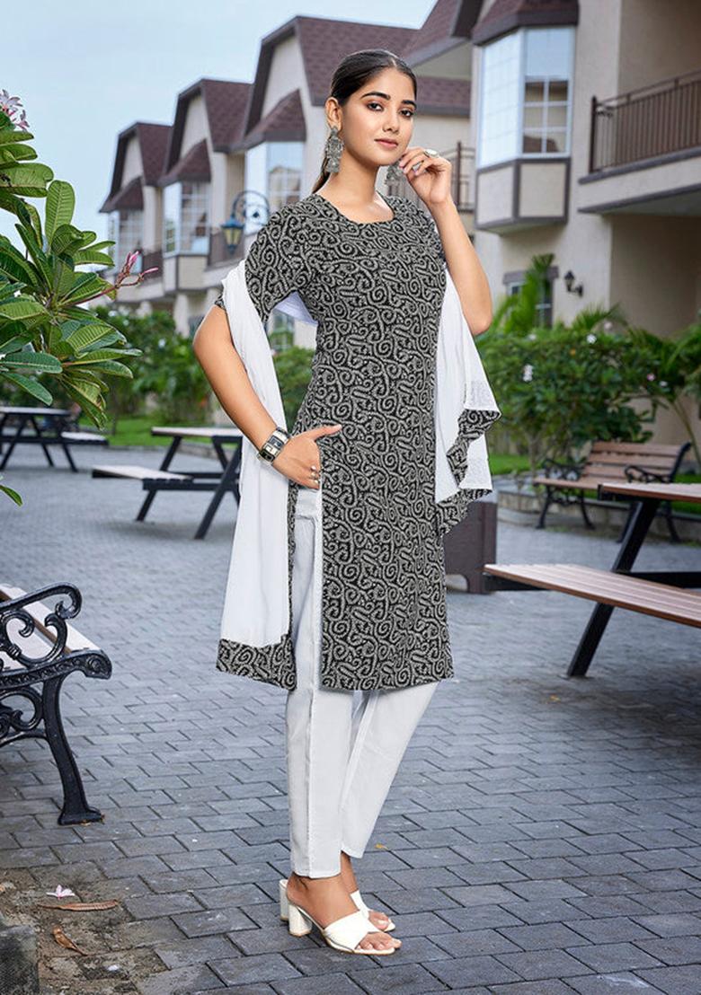 Black Printed Crepe Kurta Set