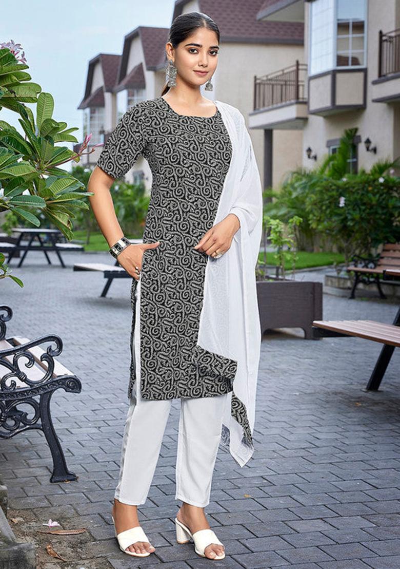 Black Printed Crepe Kurta Set