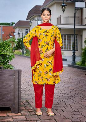 Yellow Printed Crepe Kurta Set