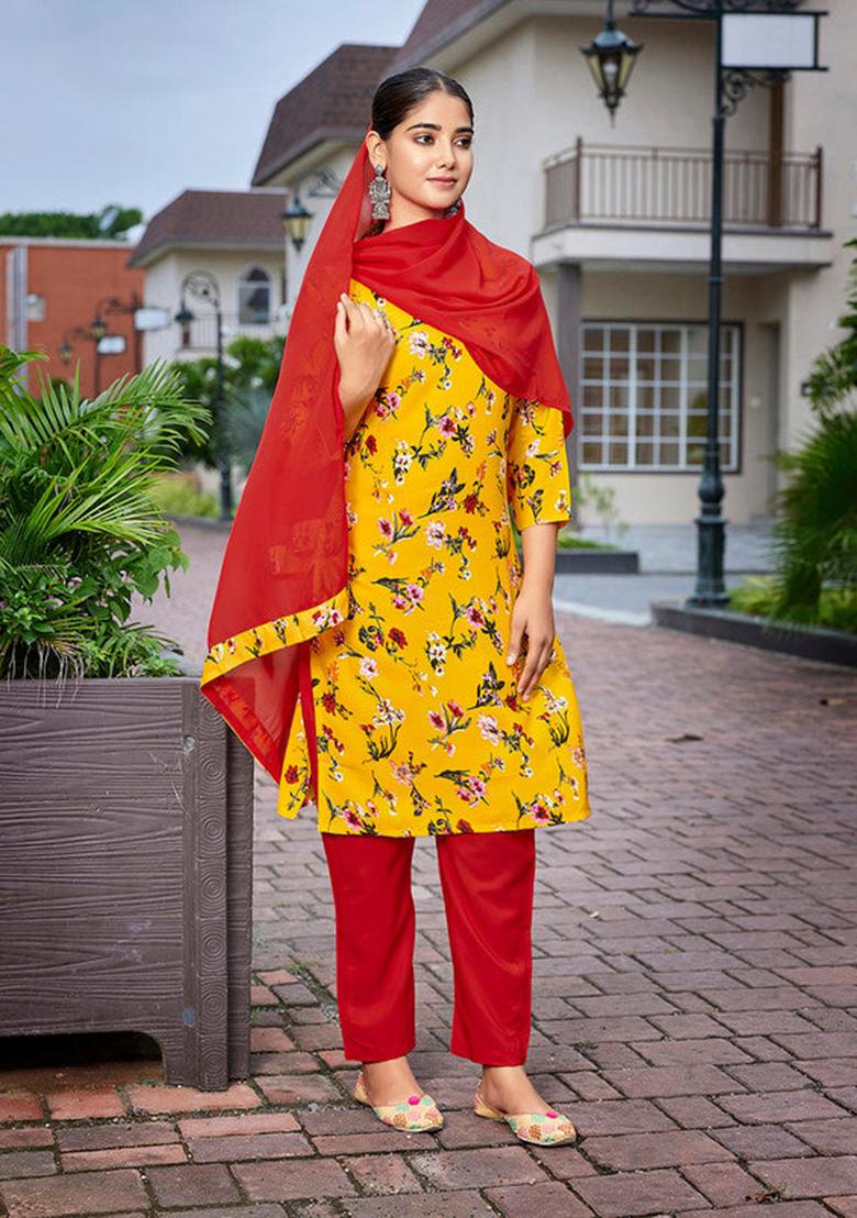 Yellow Printed Crepe Kurta Set