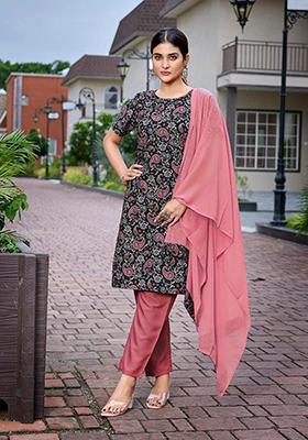 Black Printed Crepe Kurta Set