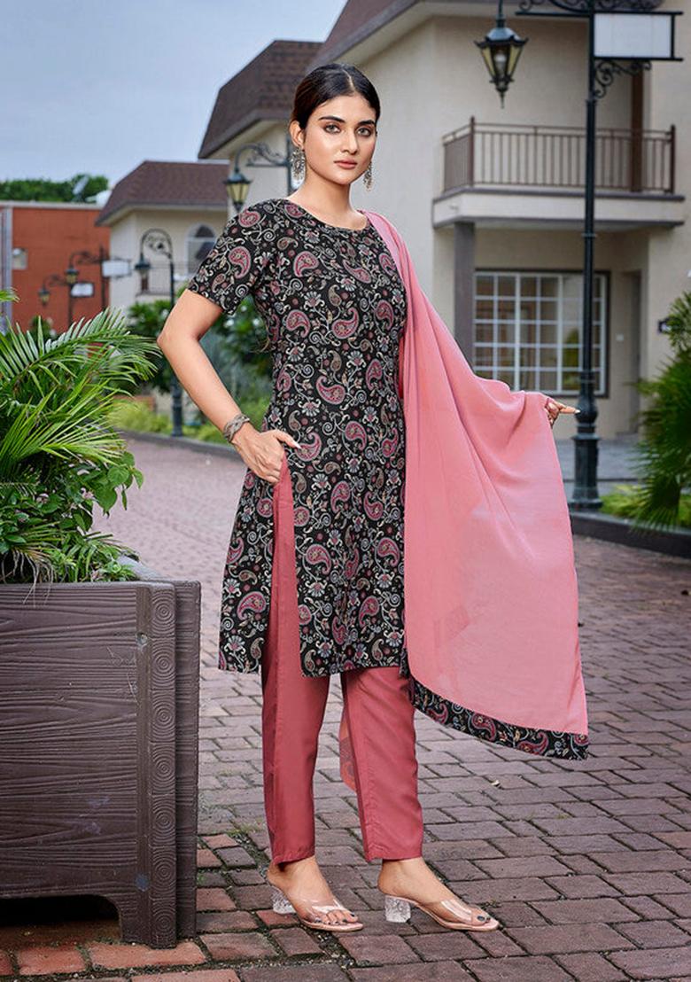 Black Printed Crepe Kurta Set