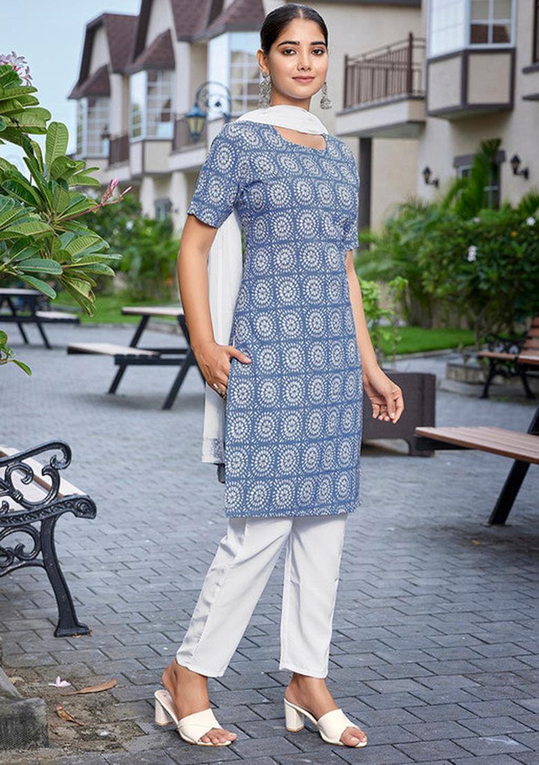 Sky Blue Printed Crepe Kurta Set