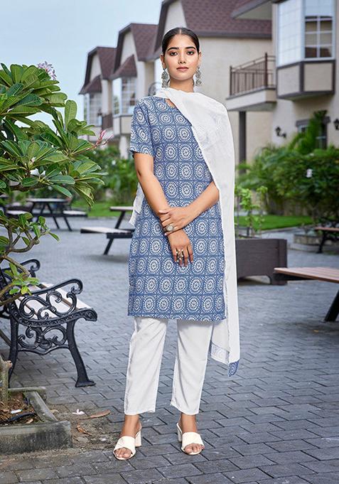 Sky Blue Printed Crepe Kurta Set