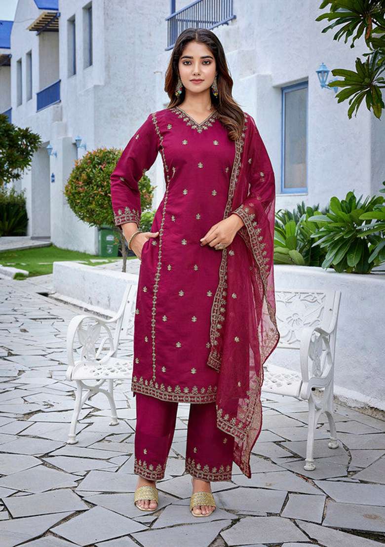 Maroon Embroidered Viscose Straight Kurta Set - Indya