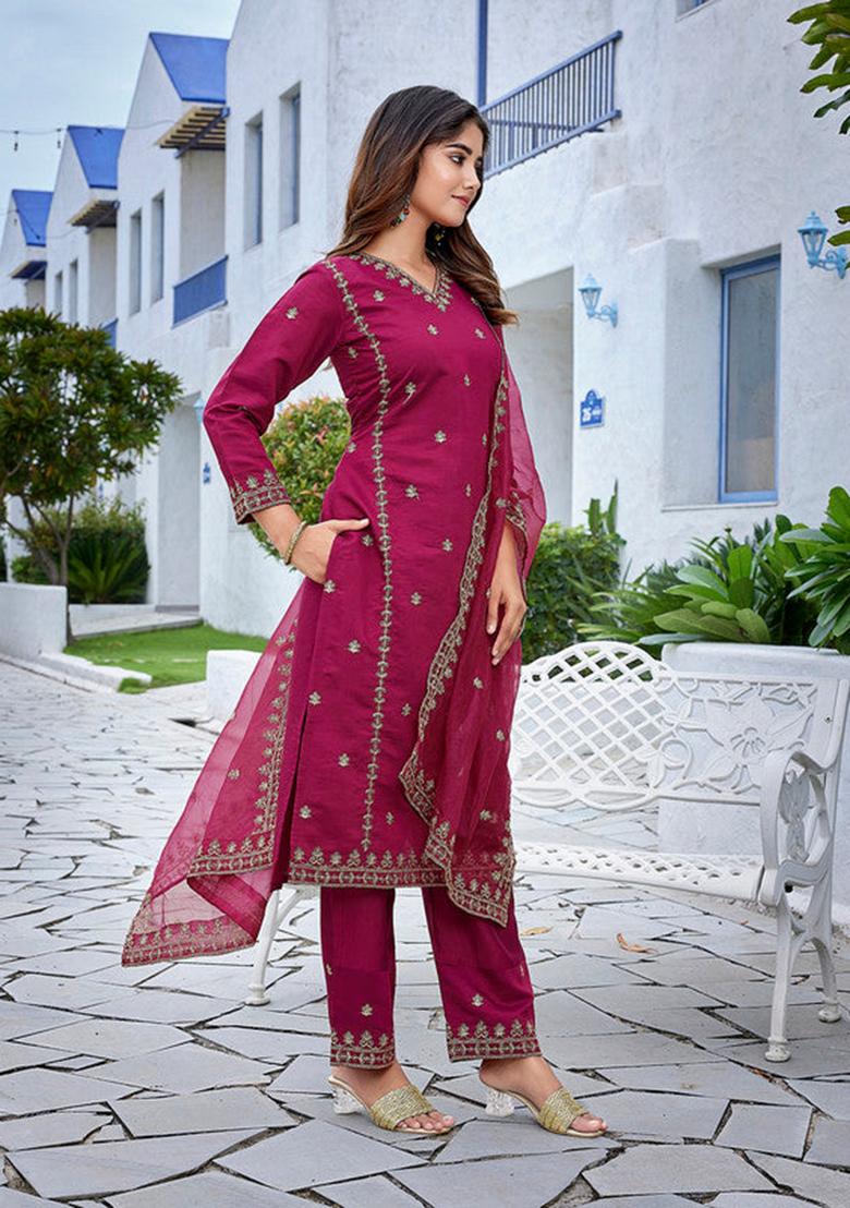 Purple Embroidered Viscose Kurta Set