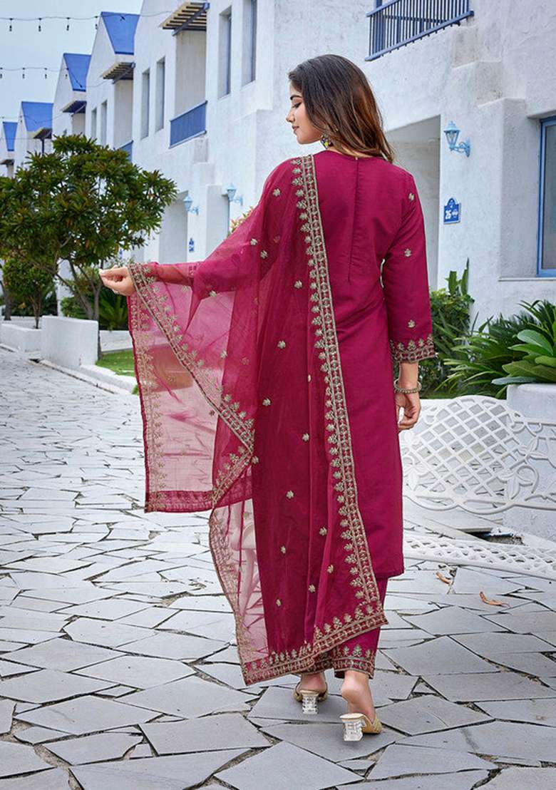 Maroon Embroidered Viscose Straight Kurta Set - Indya