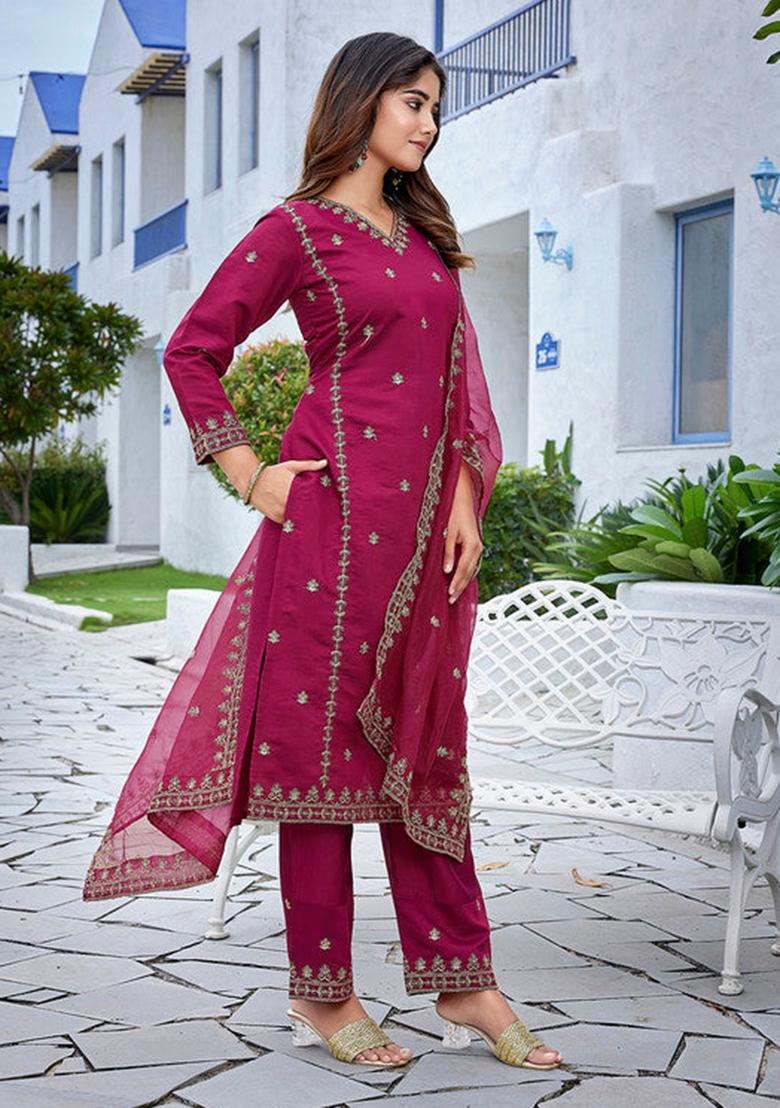 Purple Embroidered Viscose Kurta Set