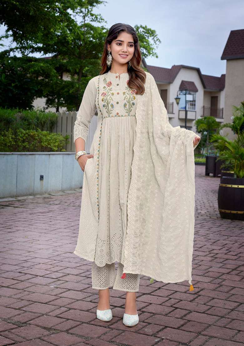 Beige Embroidered Cotton Anarkali Set - Indya