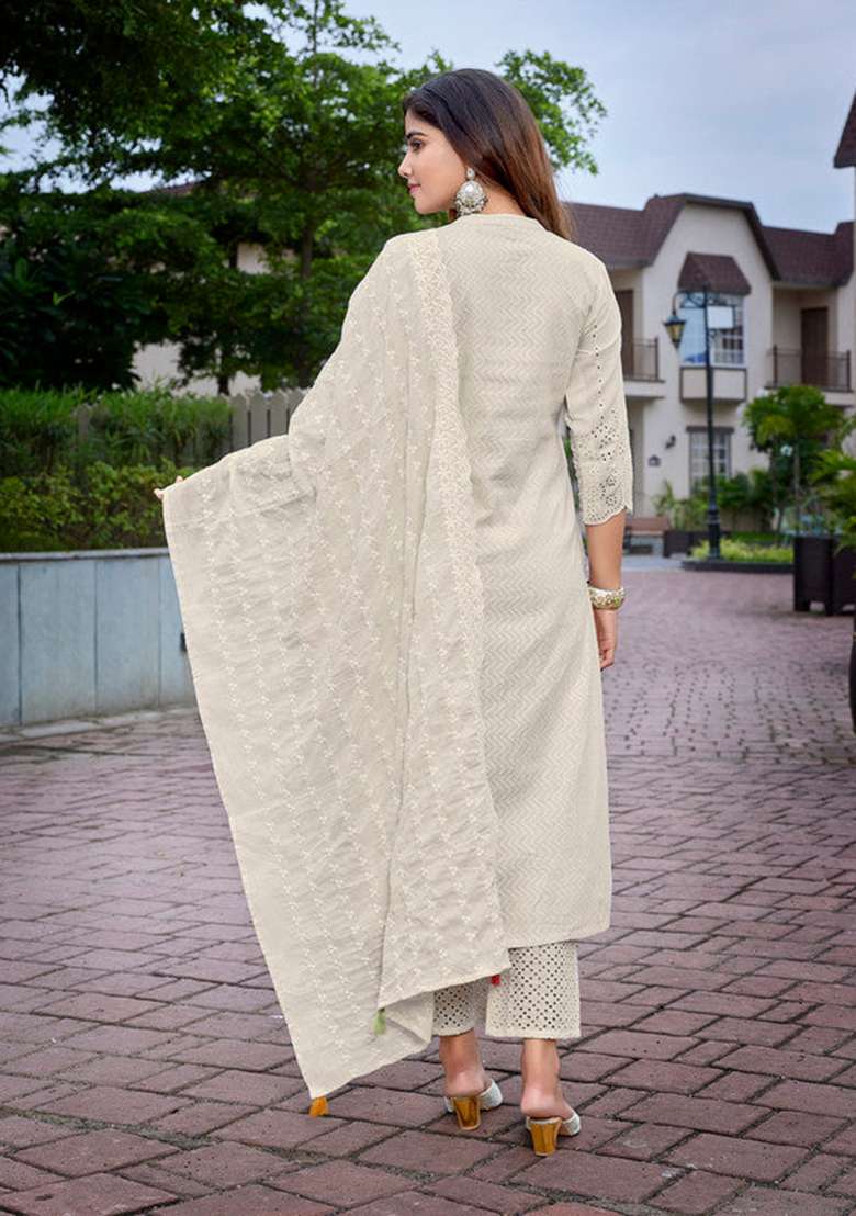 Beige Embroidered Cotton Anarkali Set - Indya
