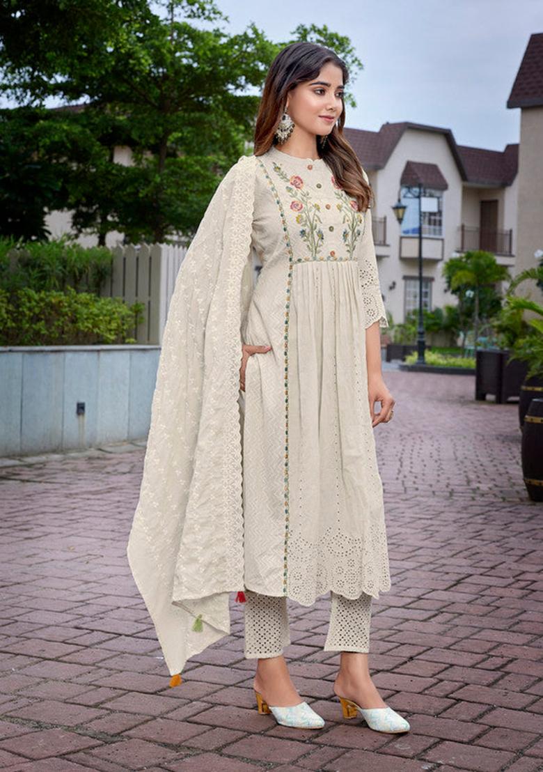 Beige Embroidered Cotton Kurta Set