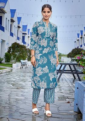 Blue Printed Viscose Kurta Set