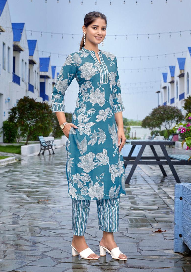 Blue Printed Viscose Kurta Set