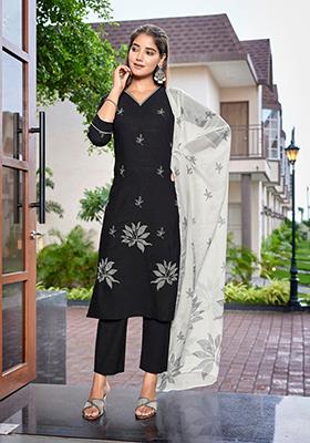 Black Embroidered Viscose Kurta Set