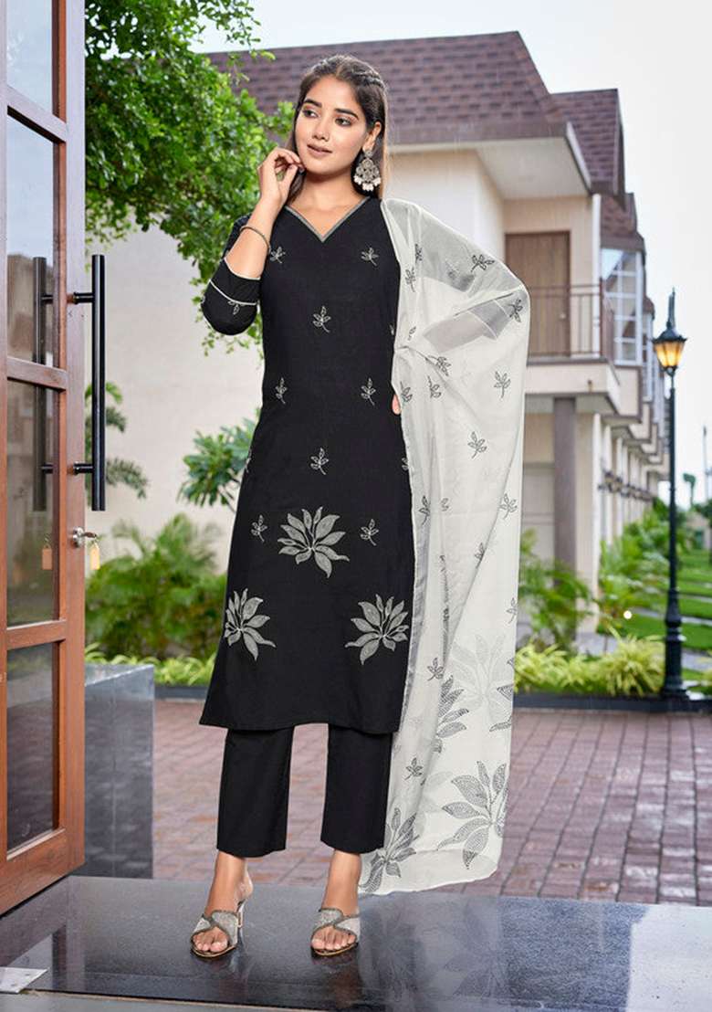 Black Embroidered Viscose Straight Kurta Set - Indya