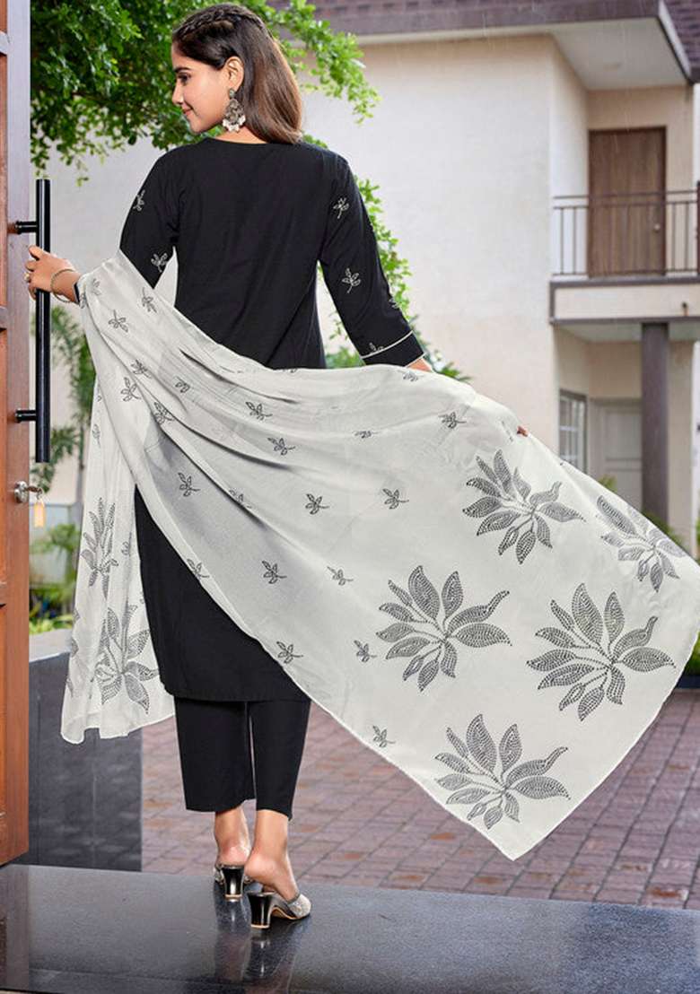 Black Embroidered Viscose Straight Kurta Set - Indya