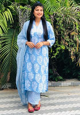 Sky Blue Printed Viscose Kurta Set