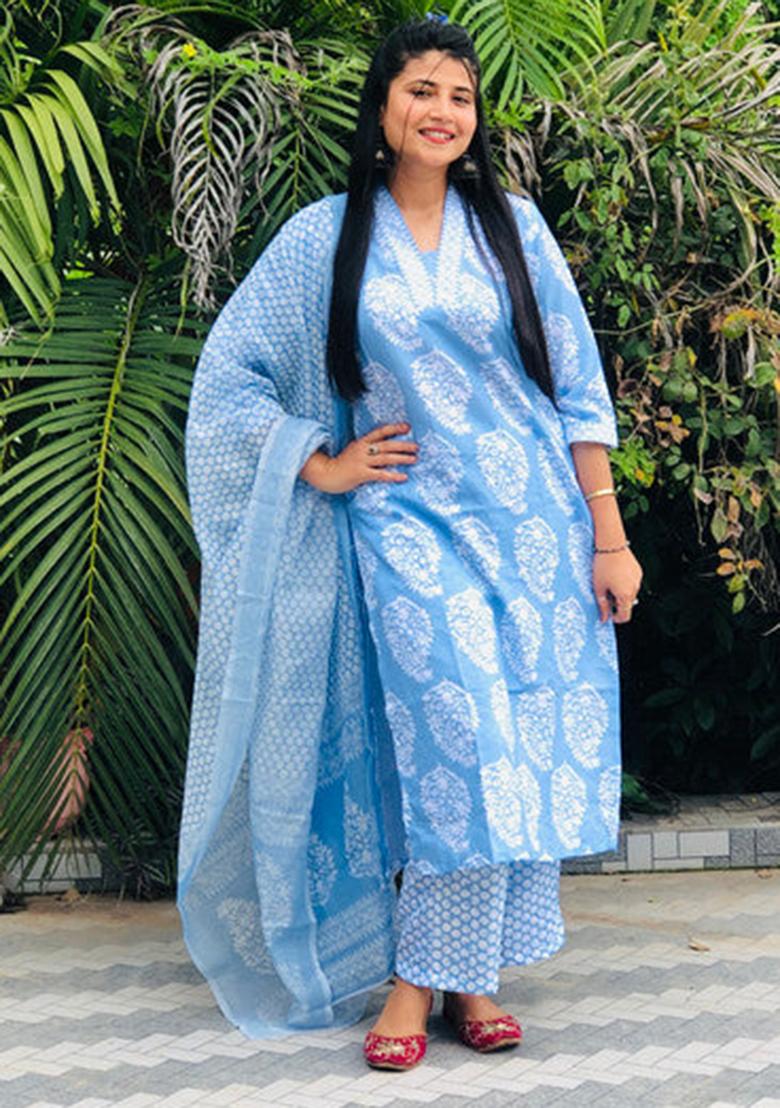 Sky Blue Printed Viscose Kurta Set