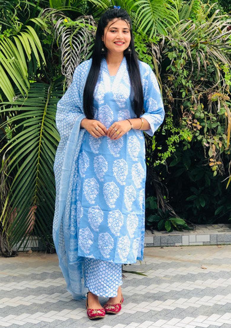 Sky Blue Printed Viscose Kurta Set