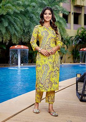 Yellow Printed Viscose Kurta Set