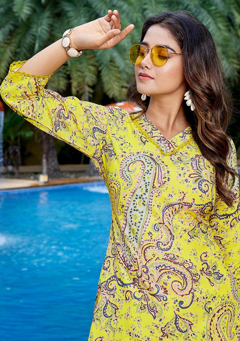 Yellow Printed Viscose Kurta Set
