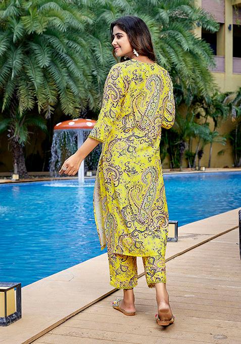 Yellow Printed Viscose Kurta Set