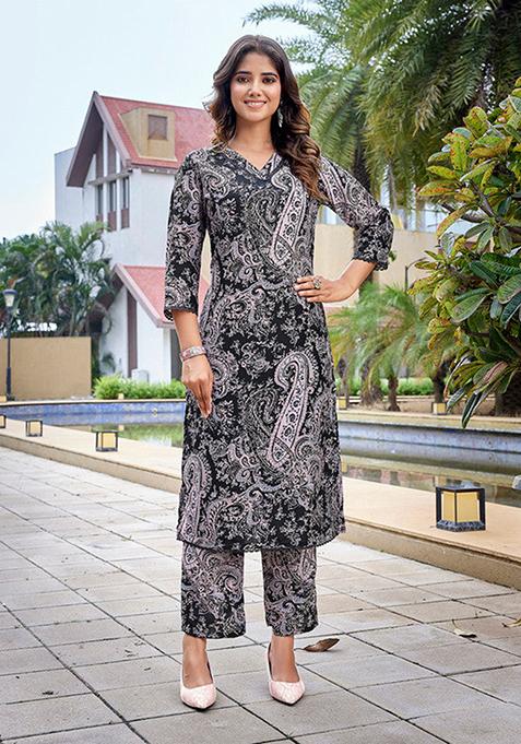 Black Printed Viscose Kurta Set