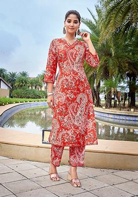 Red Printed Viscose Kurta Set